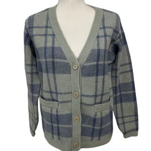 Aritzia Wilfred Bethany Cashmere Blend Ice Blue Plaid V-Neck Cardigan SZ XS GUC